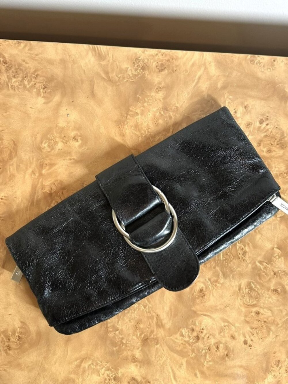 Vintage HOBO International Black Leather Foldover Clutch Wallet Organizer Purse